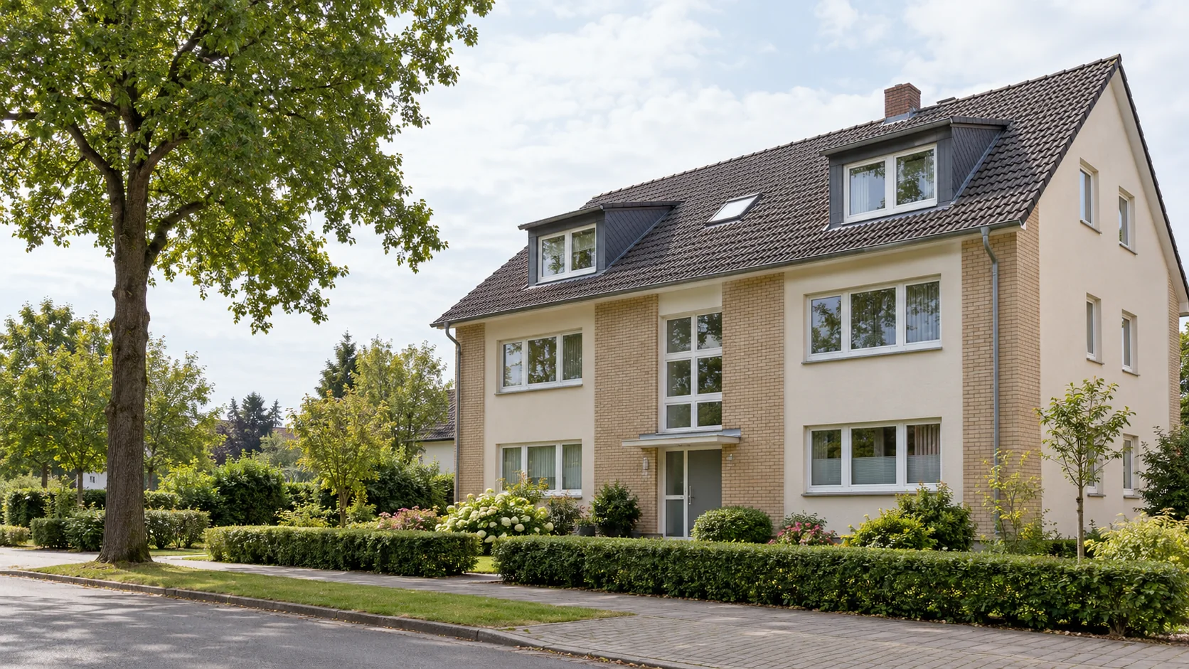 Symbolbild eines gepflegten Mehrfamilienhauses mit Garten